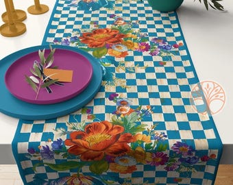 Floraler Tischläufer|Sommer Tischdecke|Florale Tischdekoration|Karierter Läufer|Farmhaus Brecheisen Muster Blumen Print Tischplatte|Stylische Tischdecke