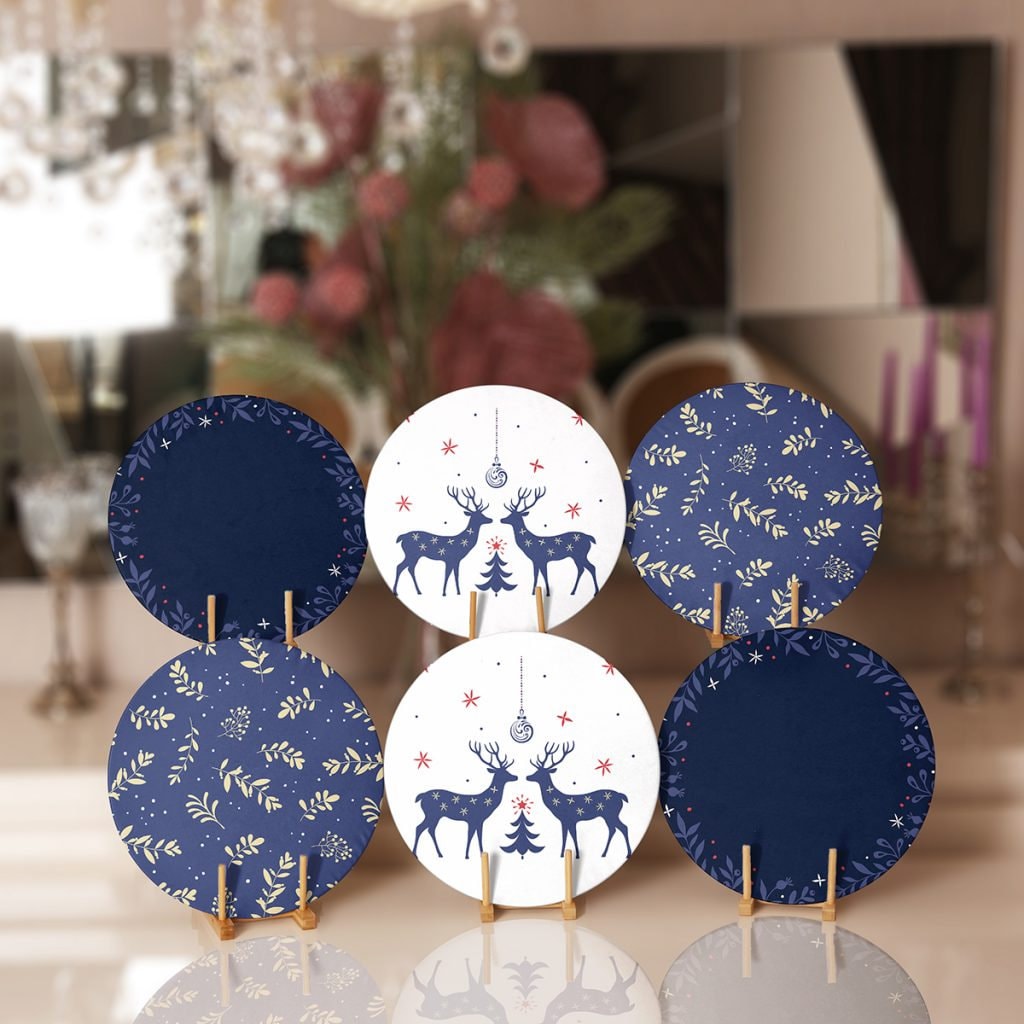 Set 4 Sottobicchieri In Legno MDF Con Renna Rossa E Fiocchi Di Neve - Regalo Di Natale #14411