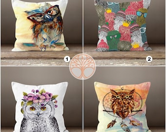 Owl Pillow Case|Animal Print Cushion Case|Colorful Owls with Glass Pillow Cover|Decorative Pillow Sham|Housewarming Throw Pillow|Floral Owls