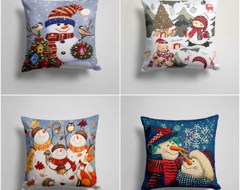 Winter Trend Pillow Case|Snowman Pillow Cover|Xmas Home Decor|Xmas Tree and Bird Print Cushion Case|Housewarming Christmas Themed Pillow Top