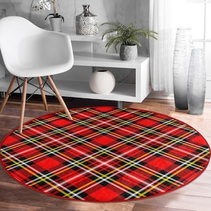 Plaid Round Rug|Non-Slip Round Carpet|Checkered Circle Carpet|Red Black Tartan Pattern Rug|Modern Home Decor|Decorative Multi-Purpose Mat