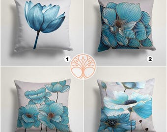 Decorative Blue Pillow Case|Leaves Pillow Cover|Decorative Floral Cushion Case|Housewarming Pillow Cover|Farmhouse Blue White Home Decor