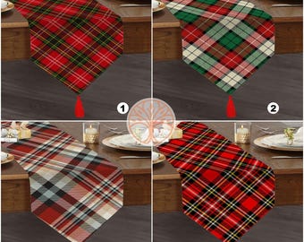 Plaid Table Runner|High Quality Triangle Chenille Table Runner|Decorative Tabletop|Tartan Pattern Table Runner|Checkered Tasseled Runner