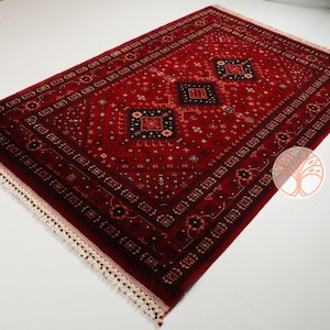 Ethnic Afghan Rug|Farmhouse Multi-Purpose Carpet|Machine-Washable Area Rug|Oriental Style Carpet|Dark Red Color Non-Slip Living Room Rug