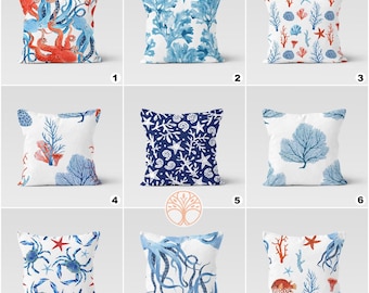 Beach House Pillow Covers|Coastal Pillow Case|Nautical Cushion Case|Octopus and Fish Throw Pillow|Coral Starfish and Crab Print Home Decor