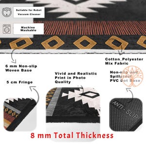 A black and white geometric patterned rug with a 5 cm fringe. The rug has a 6 mm non-slip woven base and a 8 mm total thickness. The rug is made of cotton and polyester and has a non-slip and spillproof PVC dot base.
