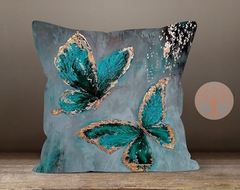 Butterfly Pillow Case|Turquoise and Gray Butterfly Pillow Cover|Decorative Cushion Case|Housewarming Boho Pillow|Colorful Butterfly Pillow
