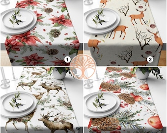 Christmas Table Runner|Winter Trend Dinner Table Runner|Xmas Deer Home Decor|Floral Pine Cone and Needle Table Decor|Cute Deer Tablecloth