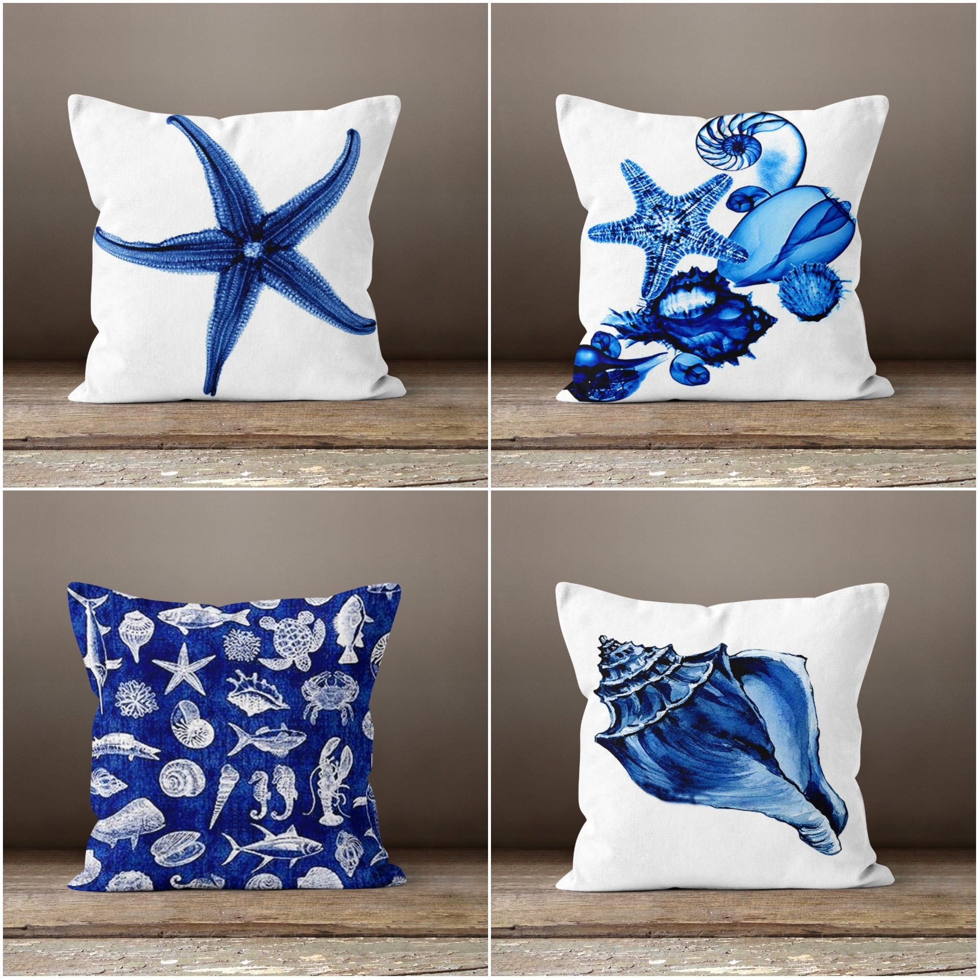 Housse de coussin bleu marine coquillage et étoiles de mer, housse de coussin côtière avec crabe, taie d'oreiller océan, décoration de maison de plage, 12 x 12 16 x 16 - France