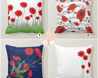 Red Poppy Pillow Covers|Red Floral Cushion Cases|Decorative Poppy Throw Pillow|Bedding Home Decor|Farmhouse Style Housewarming Pillow Cases