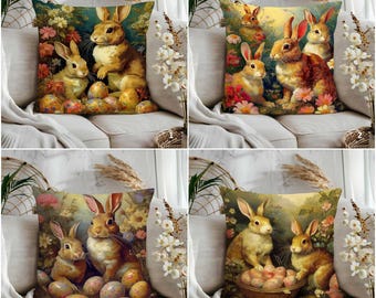 Rustic Easter Pillow Cover|Colorful Eggs & Floral Cushion Case|Easter Bunny Pillow Sham|Spring Home Decor