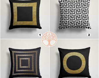 Greek Key Pillow Cover|Black White Gold Cushion Case|Decorative Geometric  Pillow|Boho Bedding Home Decor|Cozy Home Decor|Outdoor Pillow Top