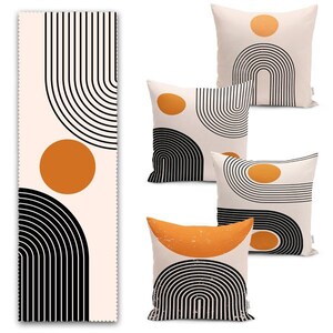 Set of 4 Abstract Pillow Covers and 1 Table Runner|Geometric Home Decor|Decorative Modern Design Tablecloth|Onedraw Cushion and Runner Set