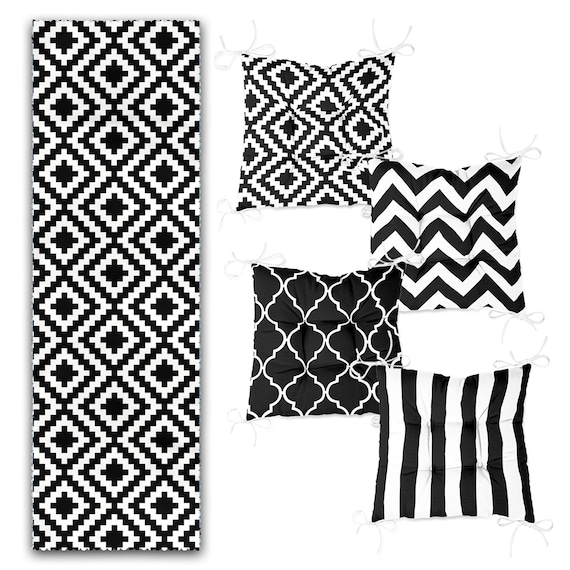 Set of 4 Puffy Chair Pads and 1 Table Runnerblack White Geometric