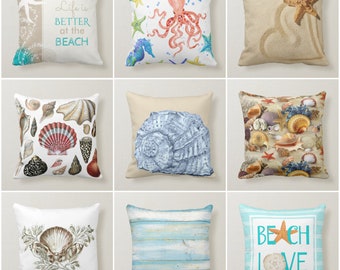 Beach House Pillow Case|Seashells Pillow Cover|Decorative Nautical Cushions|Coastal Throw Pillow|Octopus Home Decor|Beach Love Lumbar Pillow