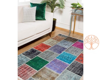 Patchwork Style Rug|Machine-Washable Non-Slip Rug|Colorful Ethnic Style Washable Carpet|Decorative Area Rug|Multi-Purpose Anti-Slip Carpet