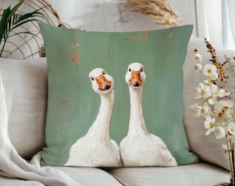 Goose Portrait Pillow Cover|Oil Painting Style Cushion Case|Country Cottage Living Room Decor|Cute Goose Print Pillow Sham