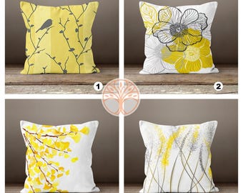 Yellow Floral Pillow Cover|Gray Bird on Tree|Decorative Fall Throw Pillow Top|Boho Bedding Home Decor|Housewarming Autumn Trend Cushion
