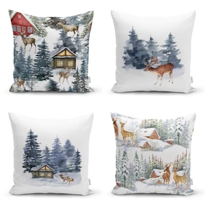 Fodera per cuscino invernale/fodera per cuscino natalizia/arredamento per la casa con case di neve e alberi di pino/cuscino con stampa di cervi per inaugurazione della casa/cuscino di Natale