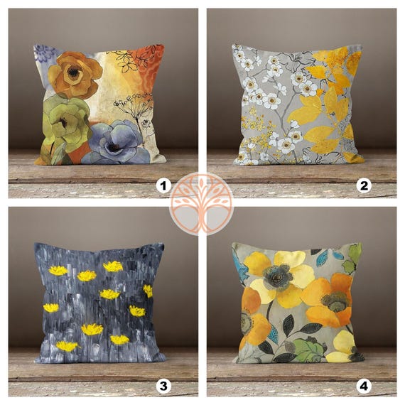 Floral Pillow Coverwatercolor Cushion Casedecorative Throw Pillowboho Bedding Home Decorhousewarming Farmhouse Style Yellow Gray Pillow Etsy