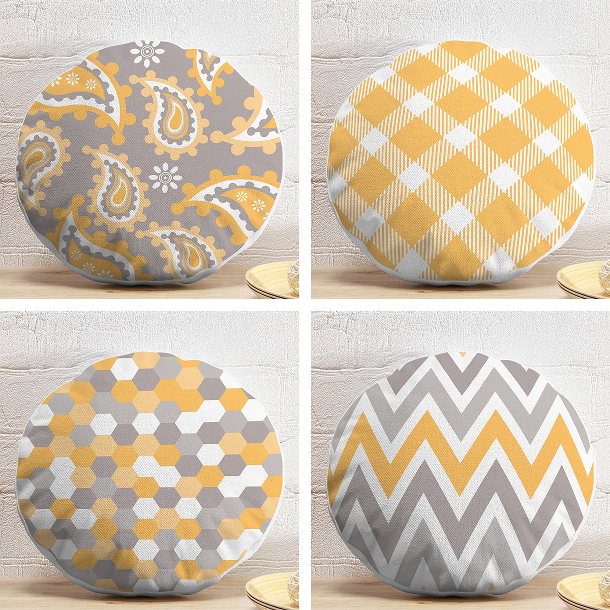 Set of 4 Geometric Round Pillow Caseyellow Gray Circle Pillow