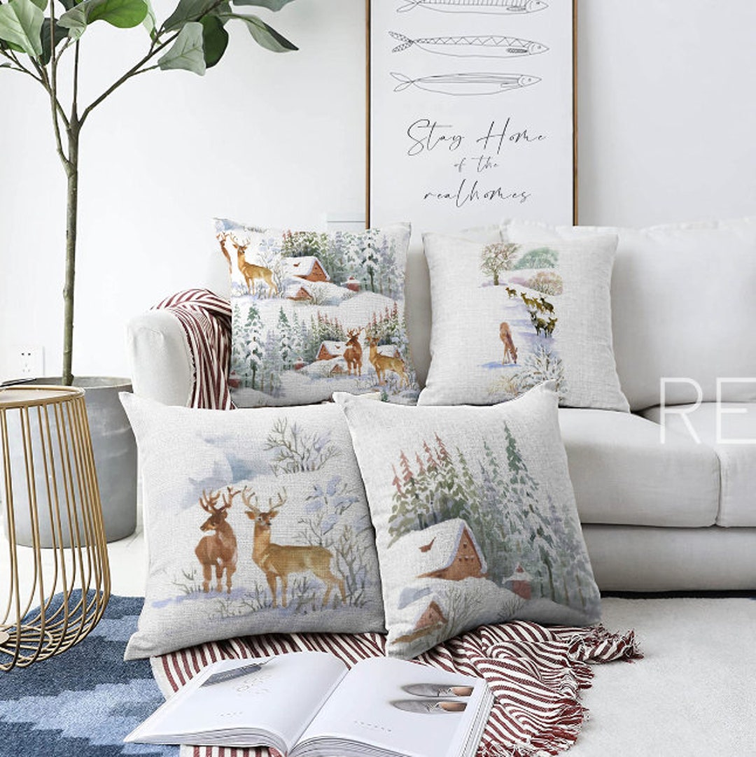 Set of Winter Trend Pillow Covers|xmas Deer and Pine Tree Home