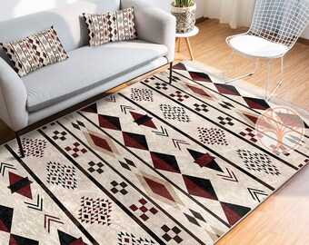 Rug Design Carpet|Southwestern Rug|Diamond Pattern Machine-Washable Non-Slip Rug|Aztec Fringed Anti-Slip Floor Mat|Ethnic Geometric Decor