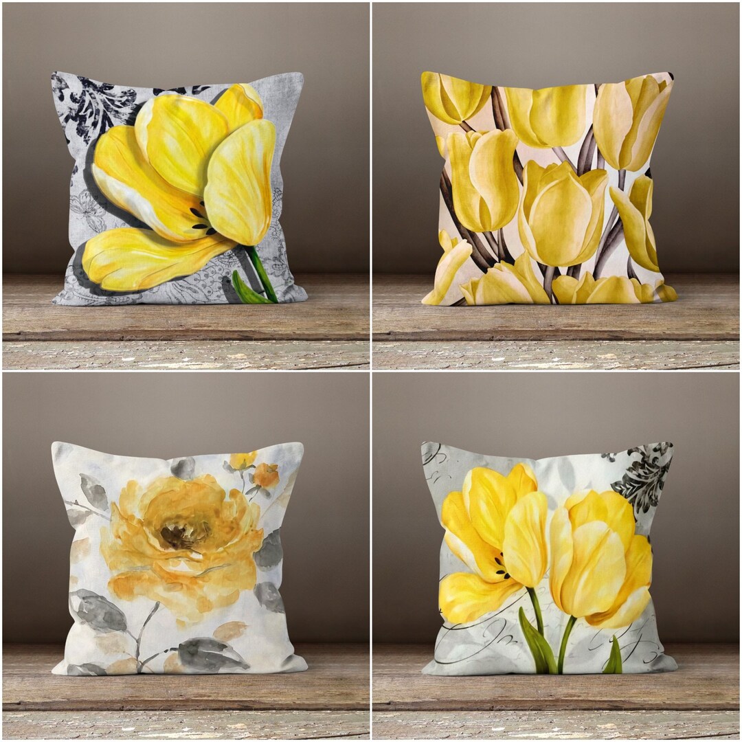 Yellow Gray Floral Pillow Coversummer Trend Cushion Etsy