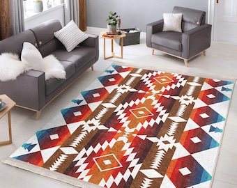 Rug Design Carpet|Southwestern Rug|Terracotta Rustic Machine-Washable Non-Slip Rug|Aztec Fringed Anti-Slip Floor Mat|Ethnic Geometric Decor