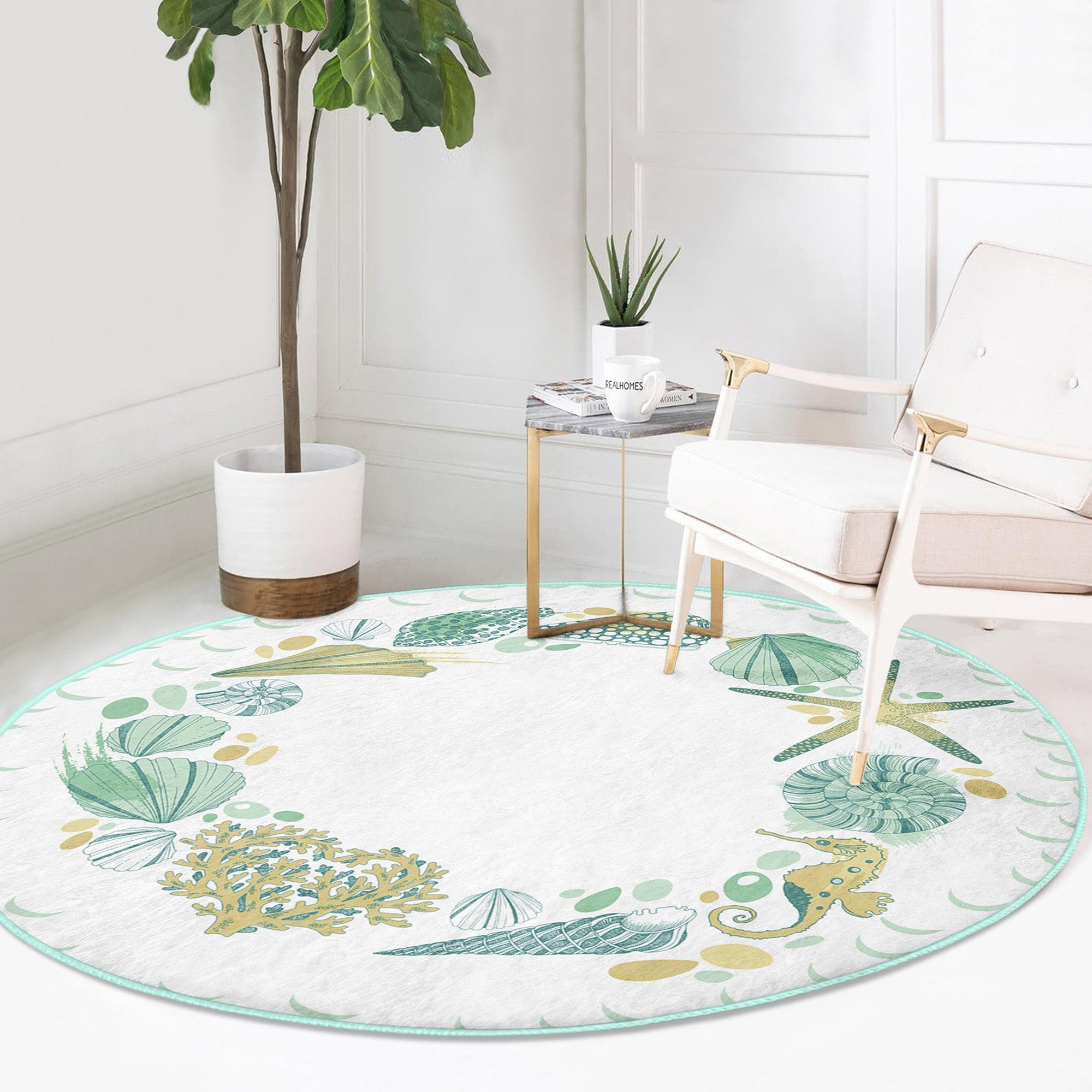 Beach House Round Rug|non-slip Round Carpet|beige Turquoise