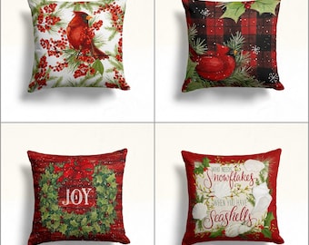 Set Of 4 Vintage Red Cardinal Bird Pillow Covers 18x18 Inch - Linen Cotton Blend, Farmhouse Holiday Decor 1 thumbnail image