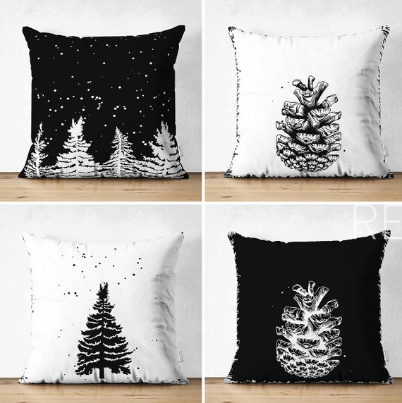 veer hamer Gloed Set of 4 Winter Trend Pillow CoversBlack White Pine Tree and - Etsy België