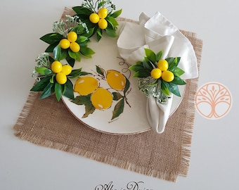 Anello portatovagliolo con finto limone/Portatovaglioli floreale con agrumi freschi/Decorazione da tavola in stile rustico/Centrotavola per matrimoni estivi/Decorazione rustica per tavolo da cucina