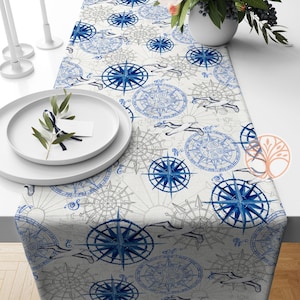 Nautical Table Runner|Striped Wheel and Compass Tabletop|Navy Anchor Tablecloth|Navy Marine Table Centerpiece|Decorative Beach House Runner
