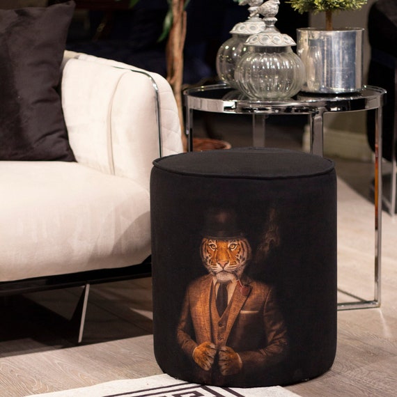 Mr Tiger Round Pouf|Wooden Frame Pouf Chair|Decorative Royal Animal Print Footstool|Suede Circle Seat|Ottoman Chair Stool|Cozy Room Decor