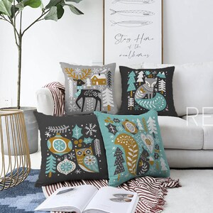Set di 4 federe per cuscini di tendenza invernale/Decorazione natalizia per la casa con stampa animalier/Federe per cuscini con cervo e volpe/Federe per cuscini con gufo e scoiattolo/Decorazione con albero di pino