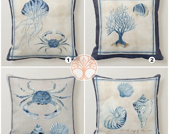 Beach House Pillow Covers|Coastal Pillow Case|Navy Marine Pillow|Decorative Nautical Cushions|Coral Seashell Crabs Jellyfish Throw Pillow