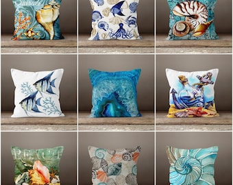 Seaside Pillow Case|Sea Shell Cushion|Coastal Cushion Case|Aqua Marine Pillowcase|Beach House Decor|Fish and Seashell Throw Pillow Cover