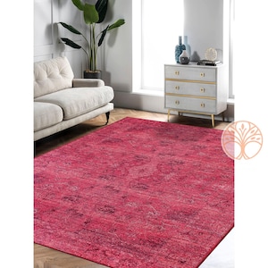 Tapete vermelho oriental | Tapete vermelho antiderrapante lavável à máquina | Tapete étnico turco | Tapete tradicional de fazenda multifuncional antiderrapante para sala de estar