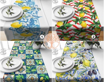 Lemon Table Runner|High Quality Floral Lemon and Olive Table Decor|Summer Trend Tablecloth|Fresh Citrus Decor|Yellow Lemon with Tile Pattern