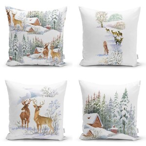 Set di 4 federe per cuscini invernali/Decorazione natalizia per la casa con cervi e pini/Cuscino con case e neve/Copricuscino natalizio/Cuscino decorativo natalizio