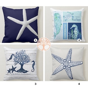 Marint örngott|Marinblått örngott|Dekorativa marina kuddar|Kustkudde|Blå sjöstjärna heminredning|Strandhusinredning