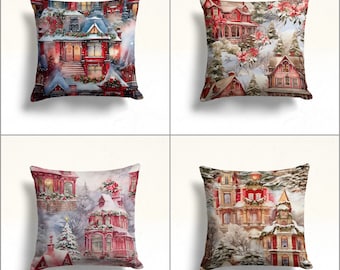 Winter House Throw Pillowtop|Pine Tree Pillowcase|Cozy Porch Cushion Case|Decorative Winter Pillow Case|Snow Xmas Pillow Cover