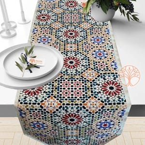 May include: A colorful table runner with a geometric pattern in shades of blue, red, green, and yellow. The pattern is reminiscent of traditional Moroccan tilework.