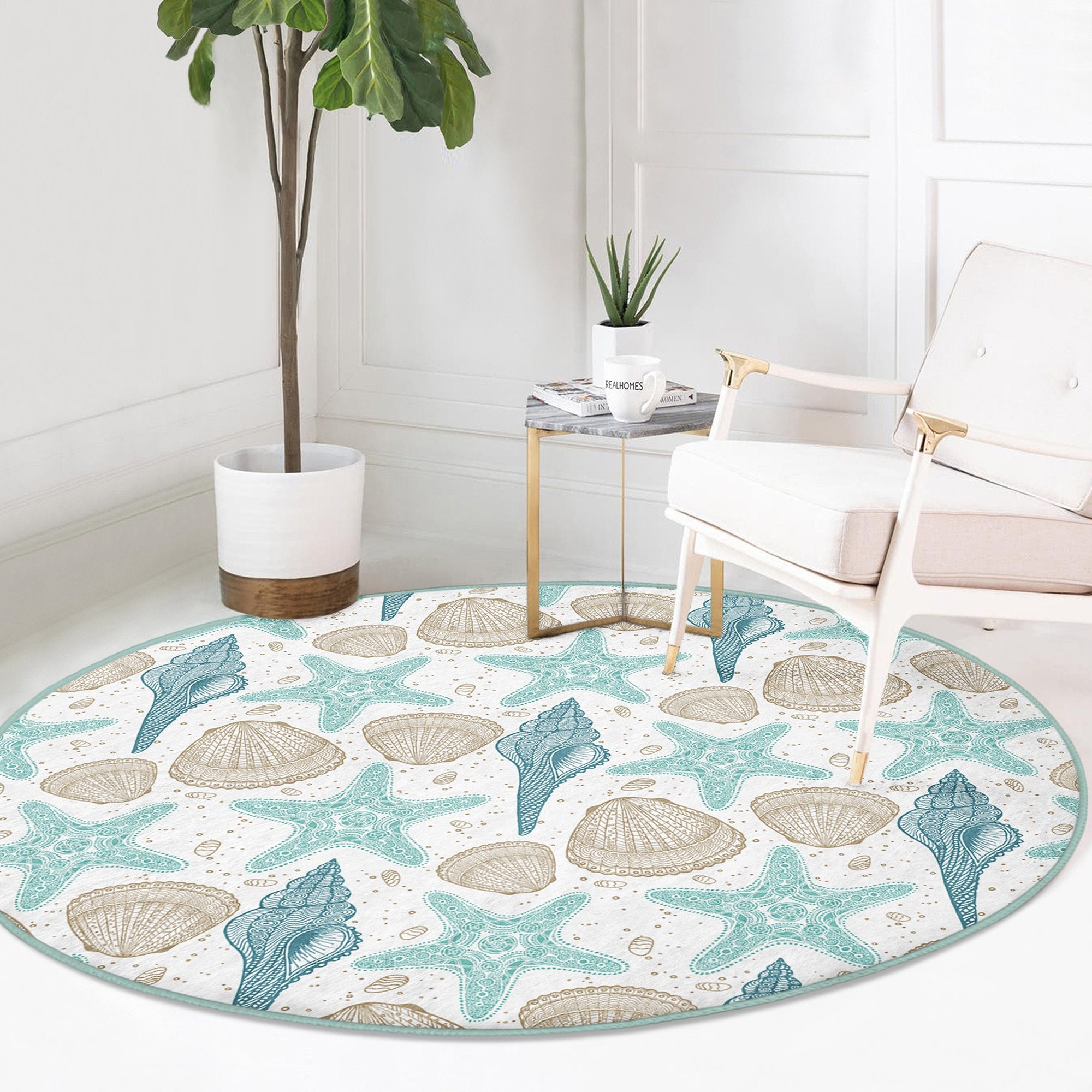 Beach House Round Rug|non-slip Round Carpet|decorative Seaweed and