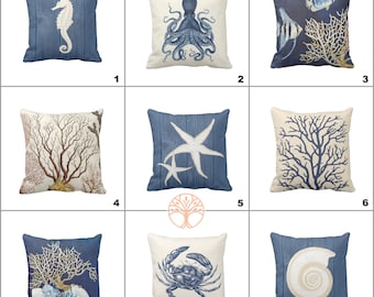 Nautical Pillow Case|Seahorse and Starfish Coastal Throw Pillow Cover|Octopus, Coral Cushion Cover|Navy Marine Pillowcase|Beach House Decor