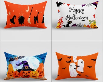 Halloween Cushion Case|White Ghost and Black Cat Lumbar Pillowcase|Happy Halloween Party Decor|Pumpkin and Witch Hat Rectangle Pillow Cover