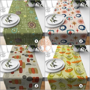 May include: Four different table runner designs with a mid-century modern geometric pattern. The designs feature a combination of green, yellow, orange, red, blue, and white colors.