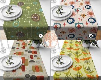 Mid Century Table Runner|Abstract Geometric Tablecloth|Atomic Print Modern Home Decor|60&#39;s 70&#39;s Kitchen Rustic Tabletop|Retro Table Runner