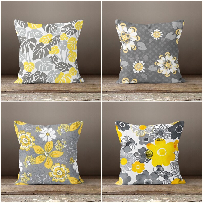 Yellow Gray Floral Pillow Coversummer Trend Cushion Etsy